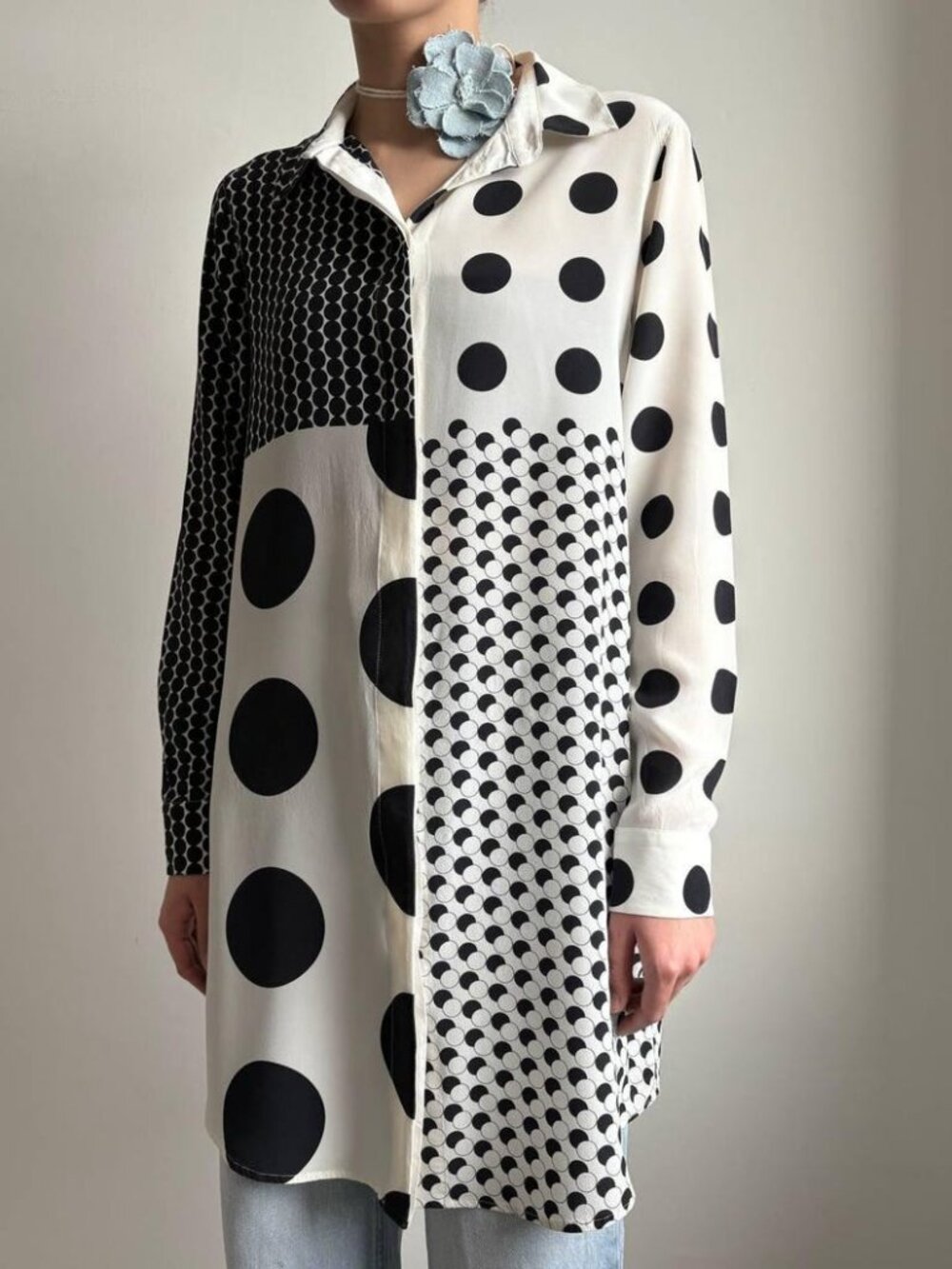 SPORTMAX 100% silk polka dot black & white long shirt